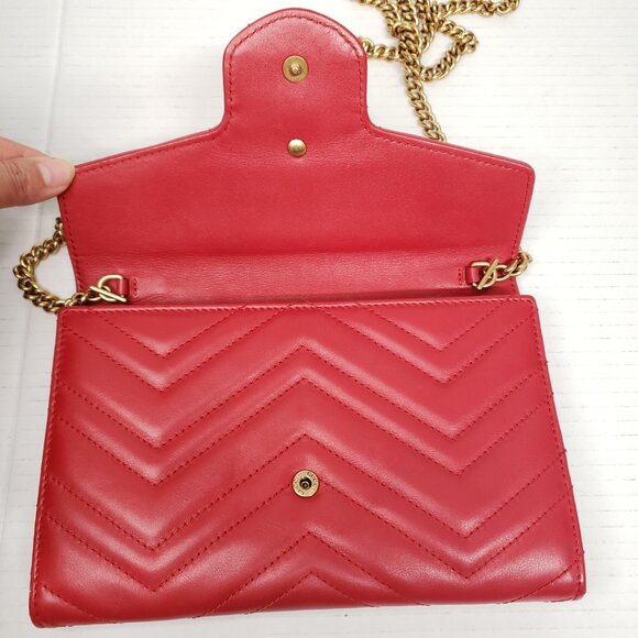 Gucci Marmont Red Chevron Gold Chain Clutch Crossbody Bag 550-100525 - Picture 12 of 16